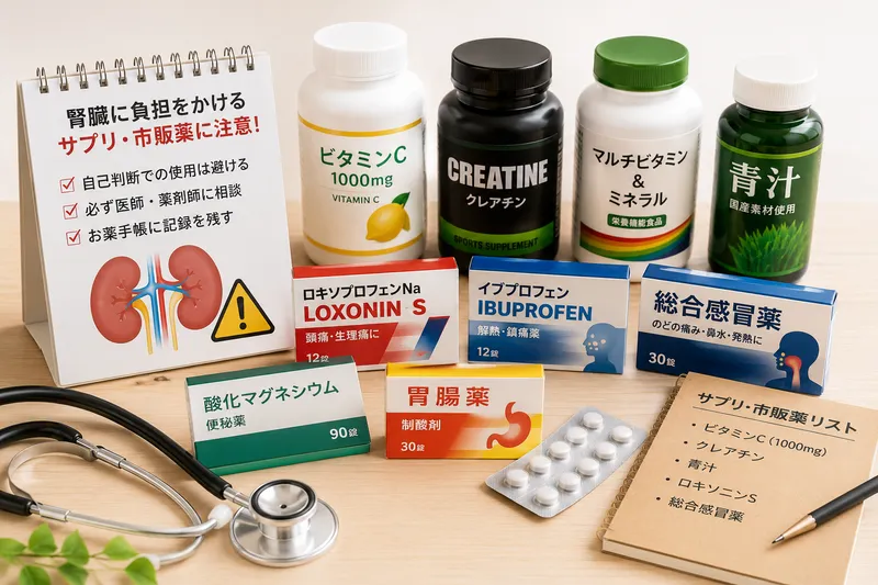 腎臓病患者が注意すべきサプリメントや市販薬をイメージしたコンセプト画像