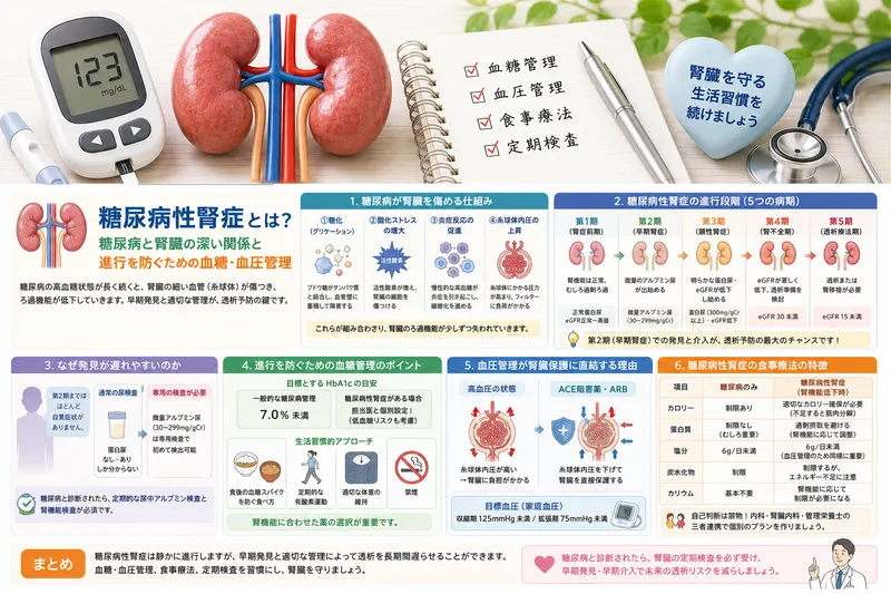 糖尿病性腎症の進行、血糖管理、血圧管理、食事療法を
図解で説明したコラム用画像。