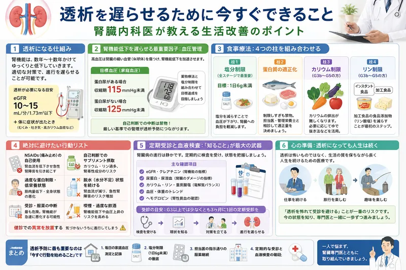 透析を遅らせるために必要な血圧管理、食事療法、
定期受診のポイントを図解でまとめたコラム用画像。