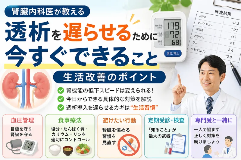 血圧計、検査結果、腎臓のイメージを使って、透析予防のための
生活改善を表現した医療系サムネイル画像。