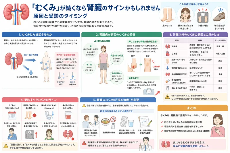 腎臓病によるむくみの特徴・見分け方・受診の目安をまとめたコラム用ガイド画像。