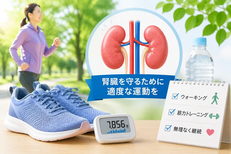 ウォーキングや軽い運動を通じて、腎臓病患者の健康維持を表現した
明るいサムネイル画像。