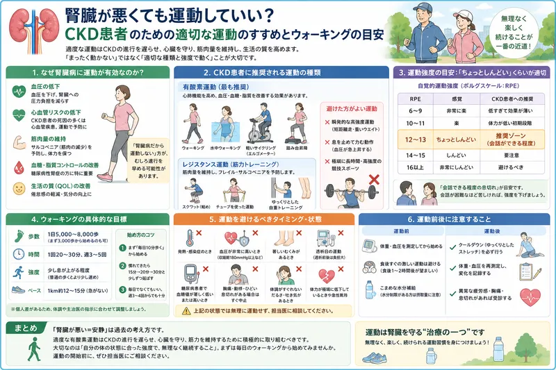 CKD患者に適した運動の種類やウォーキングの目安を図解で
紹介したコラム用画像。