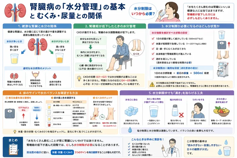 腎臓病の種類ごとに異なる水分管理の考え方と、体重・尿量のモニタリング方法を図解したコラム用ガイド画像。