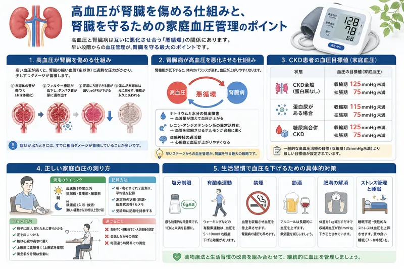 家庭血圧測定の方法や血圧管理のポイントを図解でまとめた
腎臓内科コラム用画像。