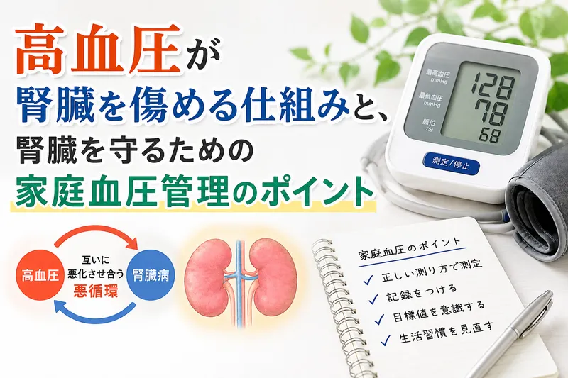 血圧計と腎臓のイメージを使い、高血圧管理と腎臓保護の重要性を表現
した医療系サムネイル画像。
