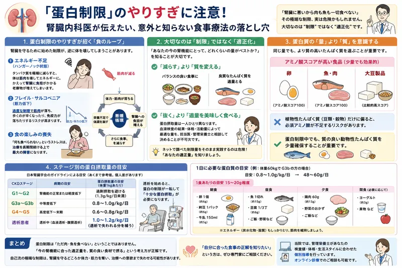 蛋白制限の注意点や、適正量・質の良い蛋白質選びを図解で
説明したコラム用画像。