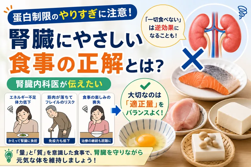 卵、魚、肉、大豆製品などを使い、適切な蛋白質摂取の大切さを表現
したサムネイル画像。