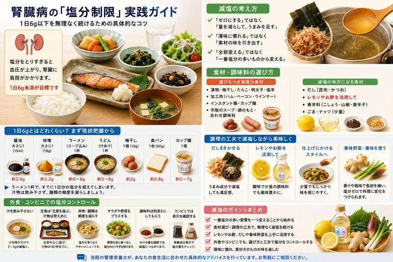 減塩しょうゆ、減塩みそ、レモン、お酢を木のトレーに並べた、腎臓病の減塩食をイメージした明るくシンプルなサムネイル画像。
